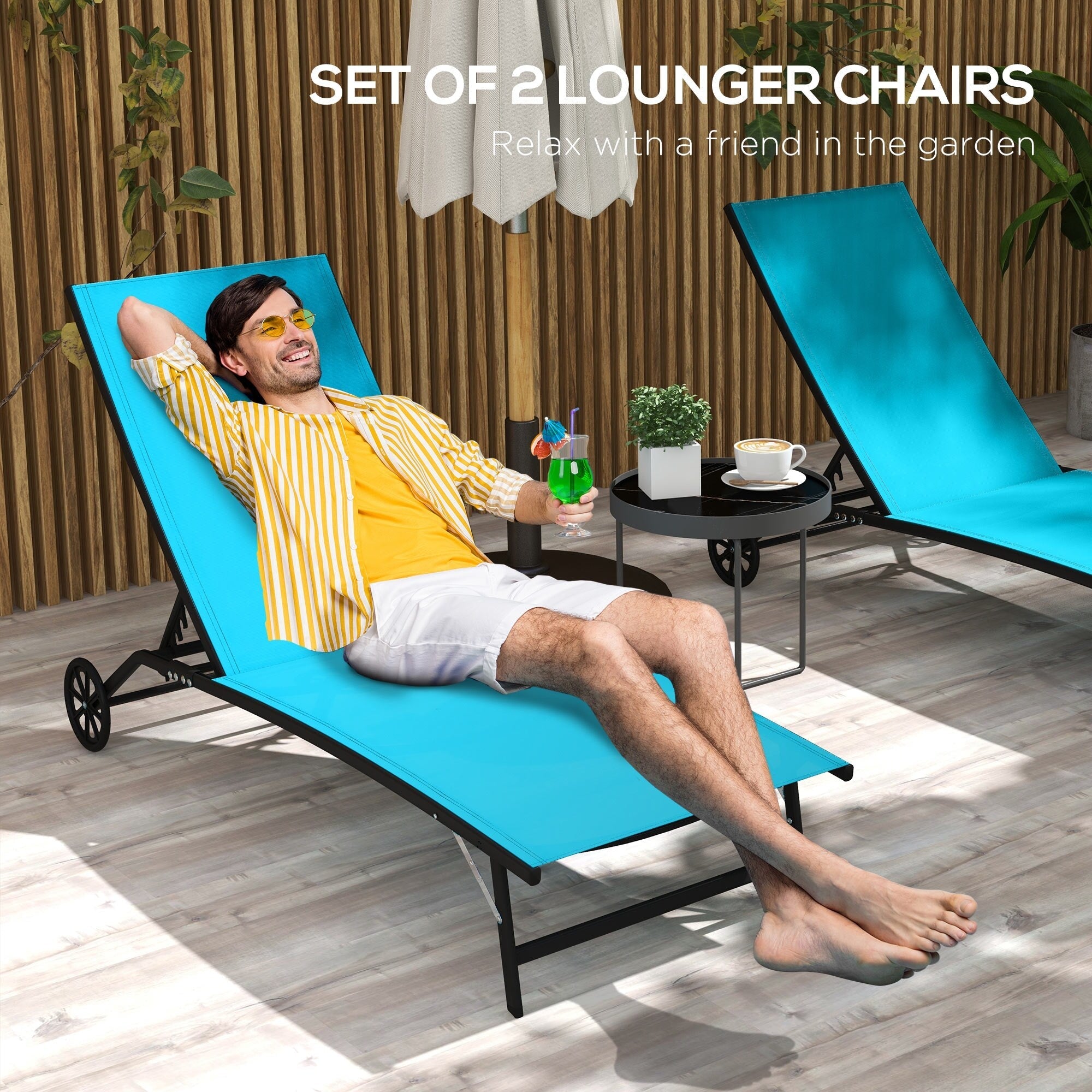 Ensemble de 2 chaises longues de patio Outsunny, fauteuil inclinable d'extérieur 2 pièces avec roulettes, dossier réglable sur 5 niveaux
