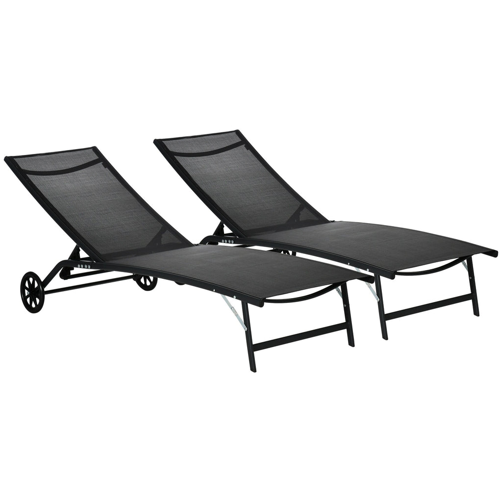 Ensemble de 2 chaises longues de patio Outsunny, fauteuil inclinable d'extérieur 2 pièces avec roulettes, dossier réglable sur 5 niveaux