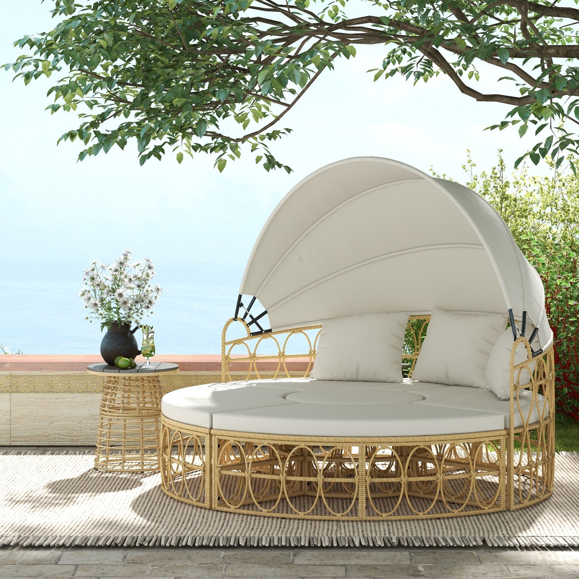 Ensemble de meubles de jardin Outsunny, lit de repos rond d'extérieur avec auvent rétractable, canapé sectionnel en rotin PE creux