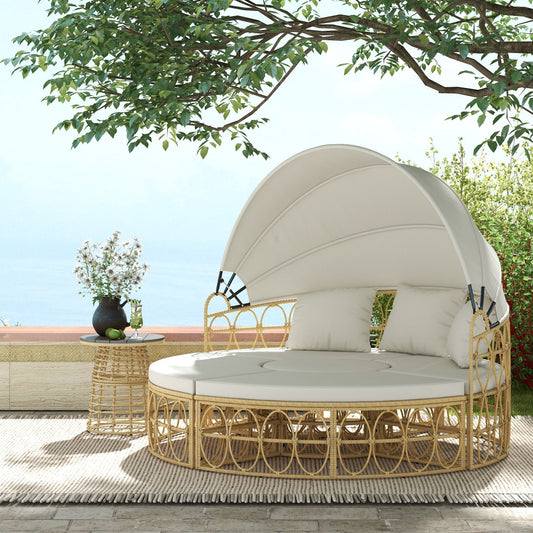 Ensemble de meubles de jardin Outsunny, lit de repos rond d'extérieur avec auvent rétractable, canapé sectionnel en rotin PE creux