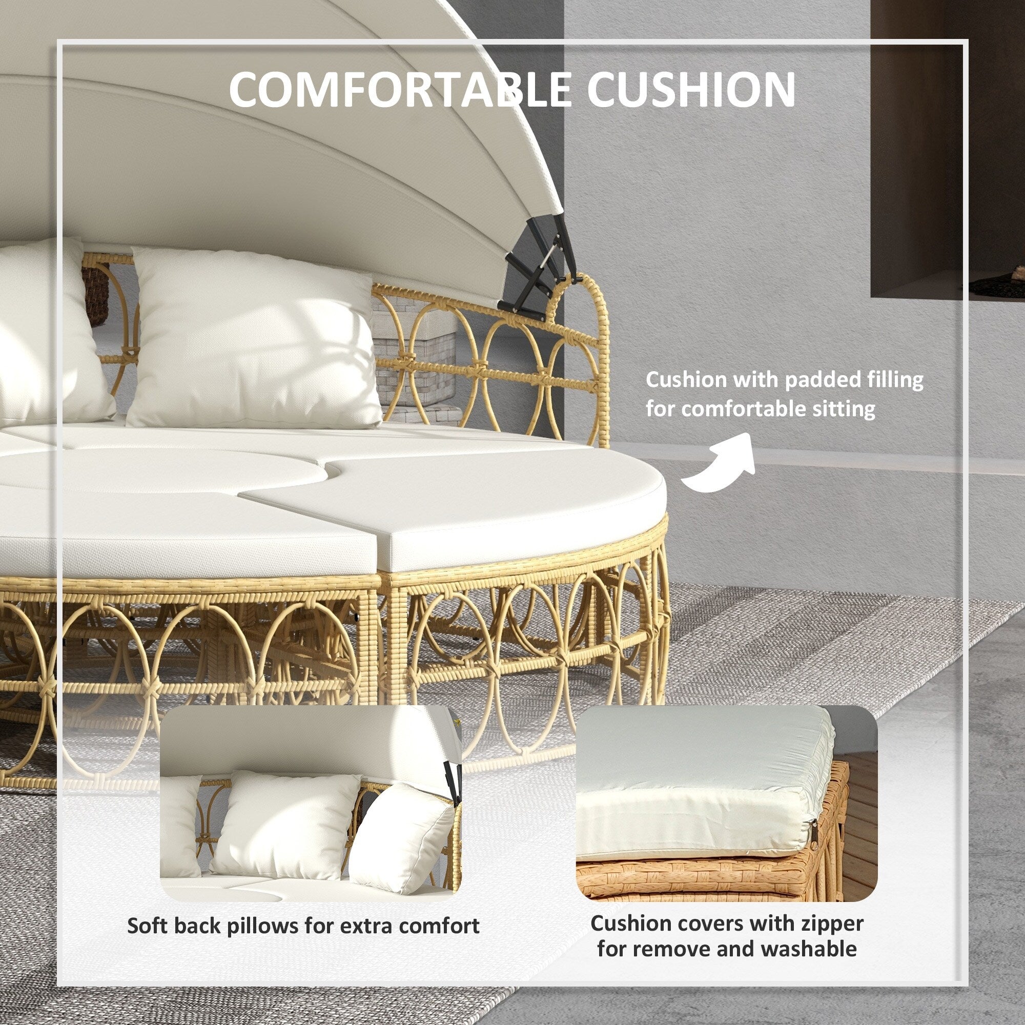 Ensemble de meubles de jardin Outsunny, lit de repos rond d'extérieur avec auvent rétractable, canapé sectionnel en rotin PE creux