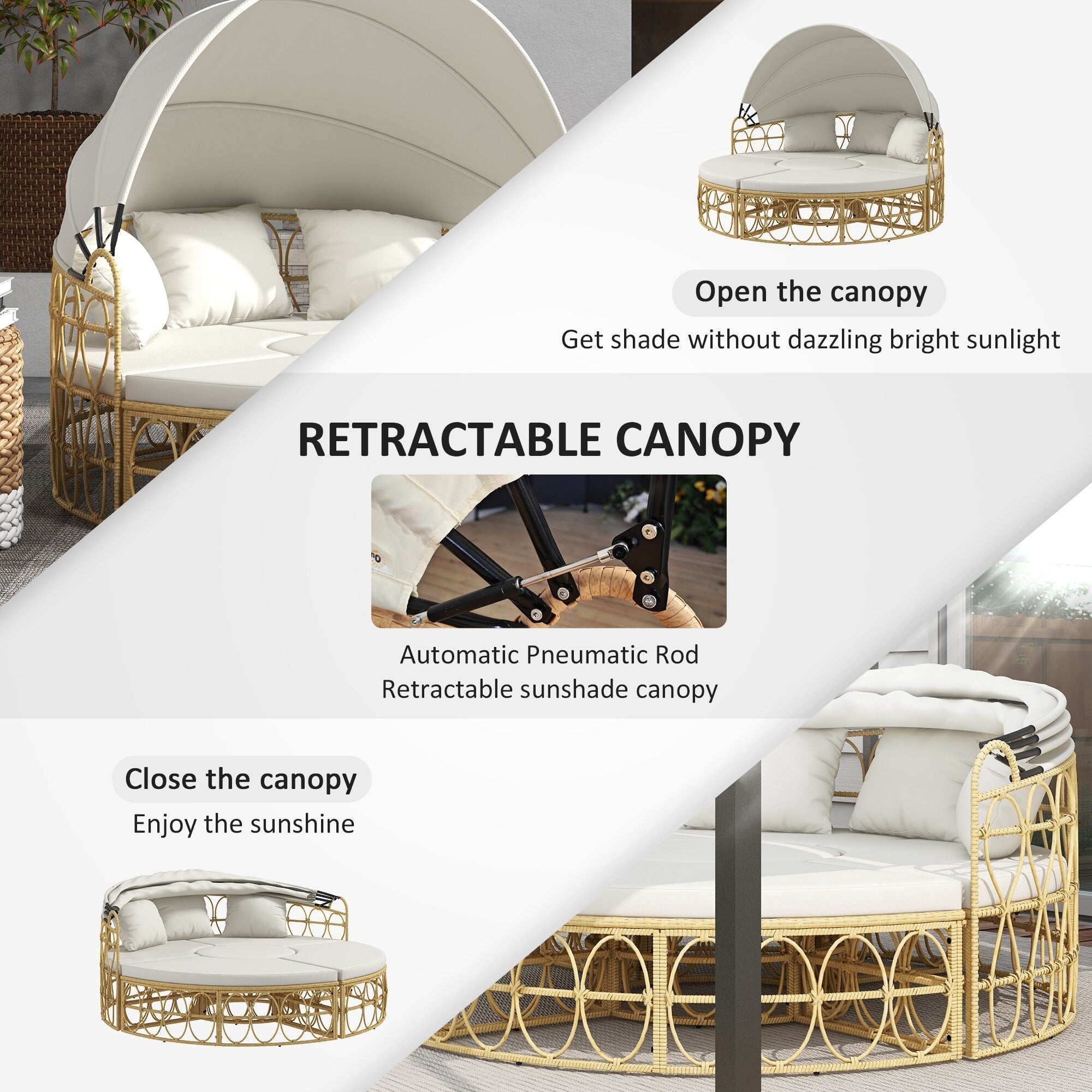Ensemble de meubles de jardin Outsunny, lit de repos rond d'extérieur avec auvent rétractable, canapé sectionnel en rotin PE creux