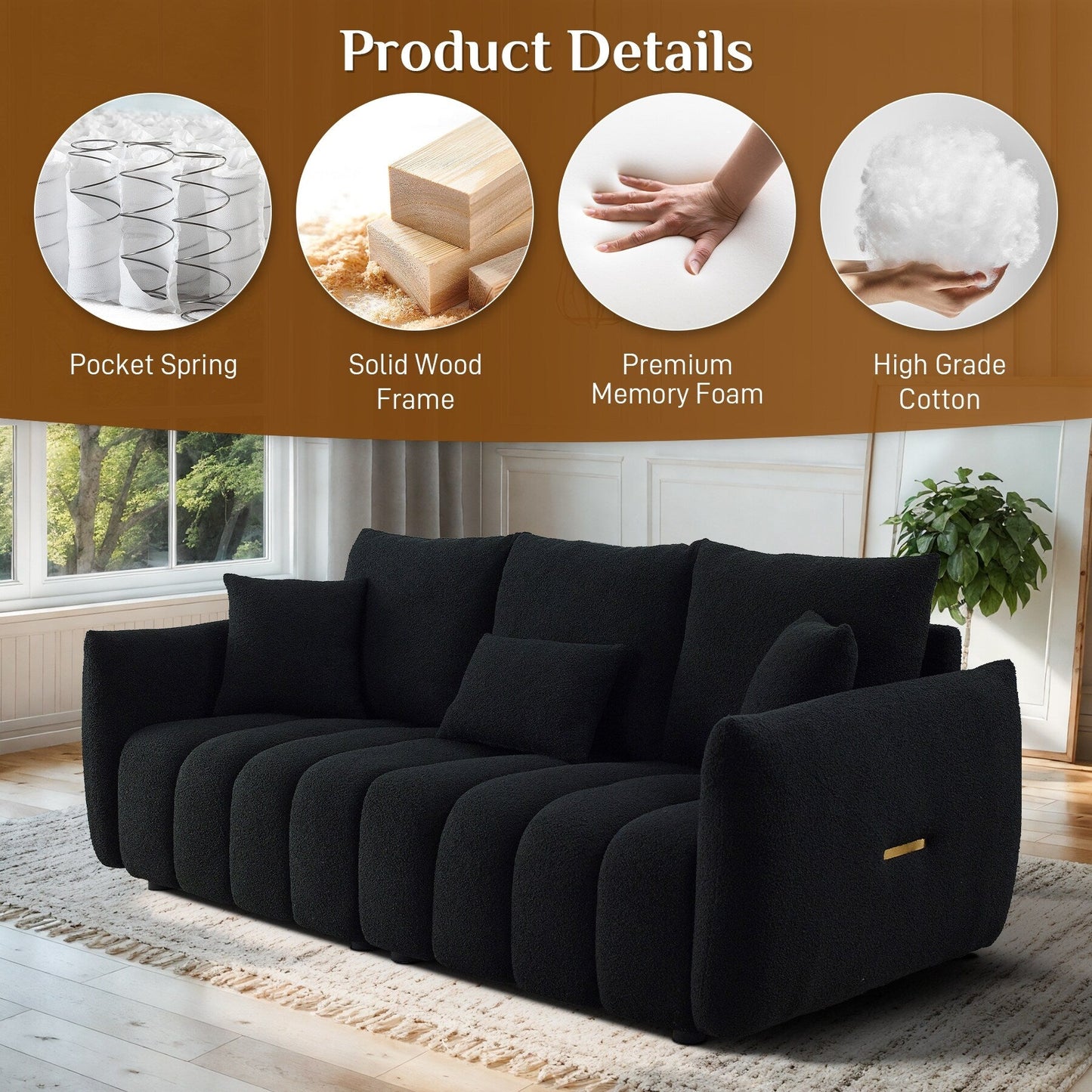 Canapé Ouyessir rembourré en tissu doux avec 3 coussins