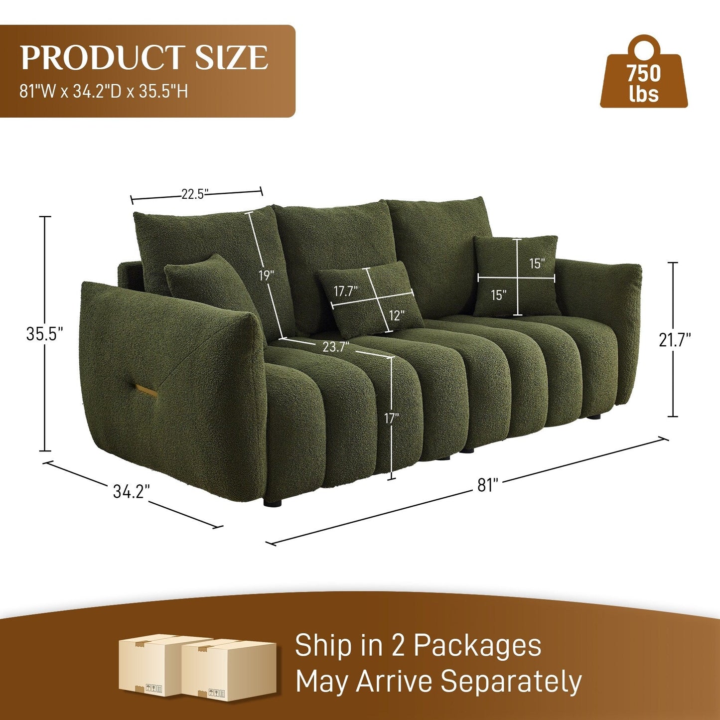 Canapé Ouyessir rembourré en tissu doux avec 3 coussins
