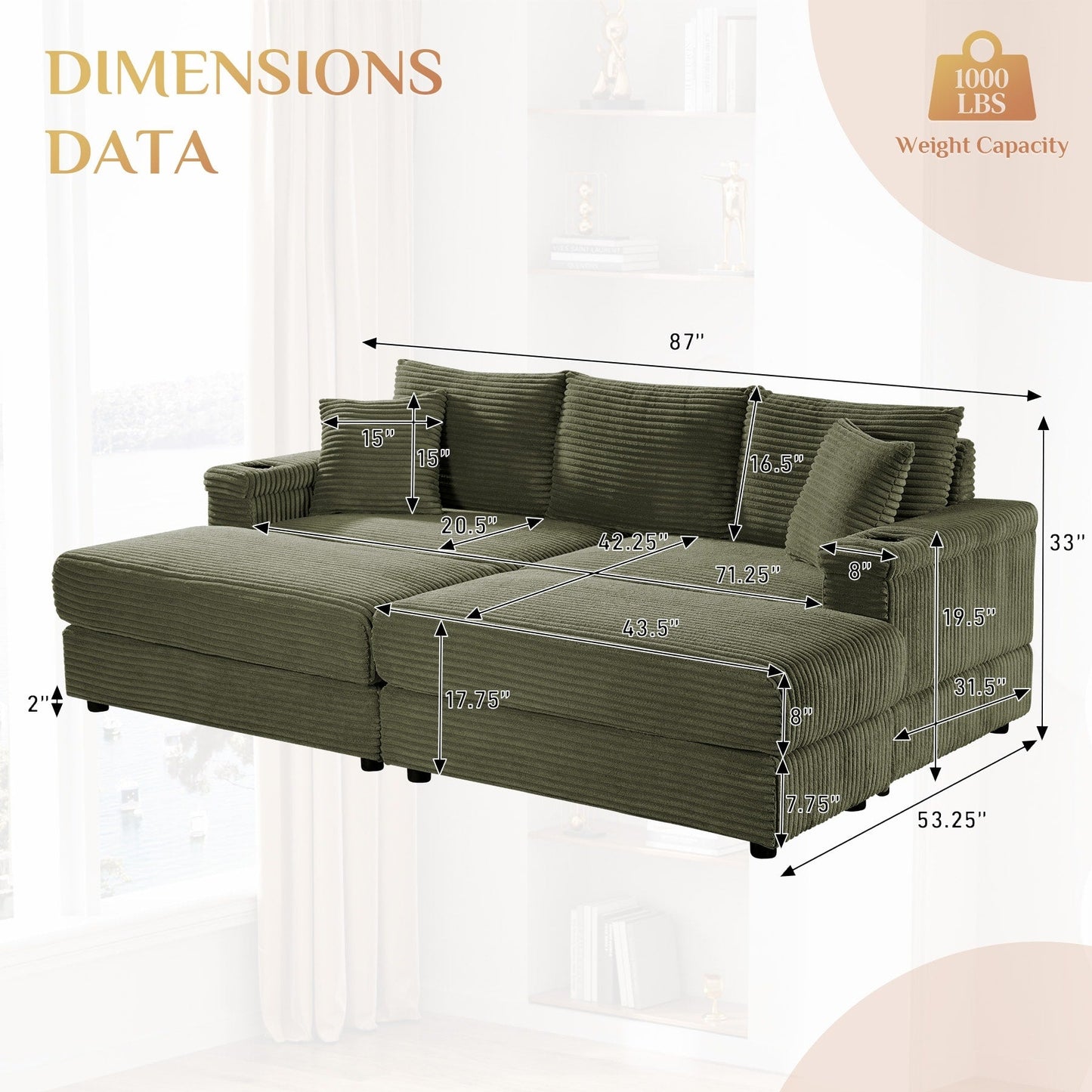 Canapé simple rembourré Ouyessir avec pouf pour salon