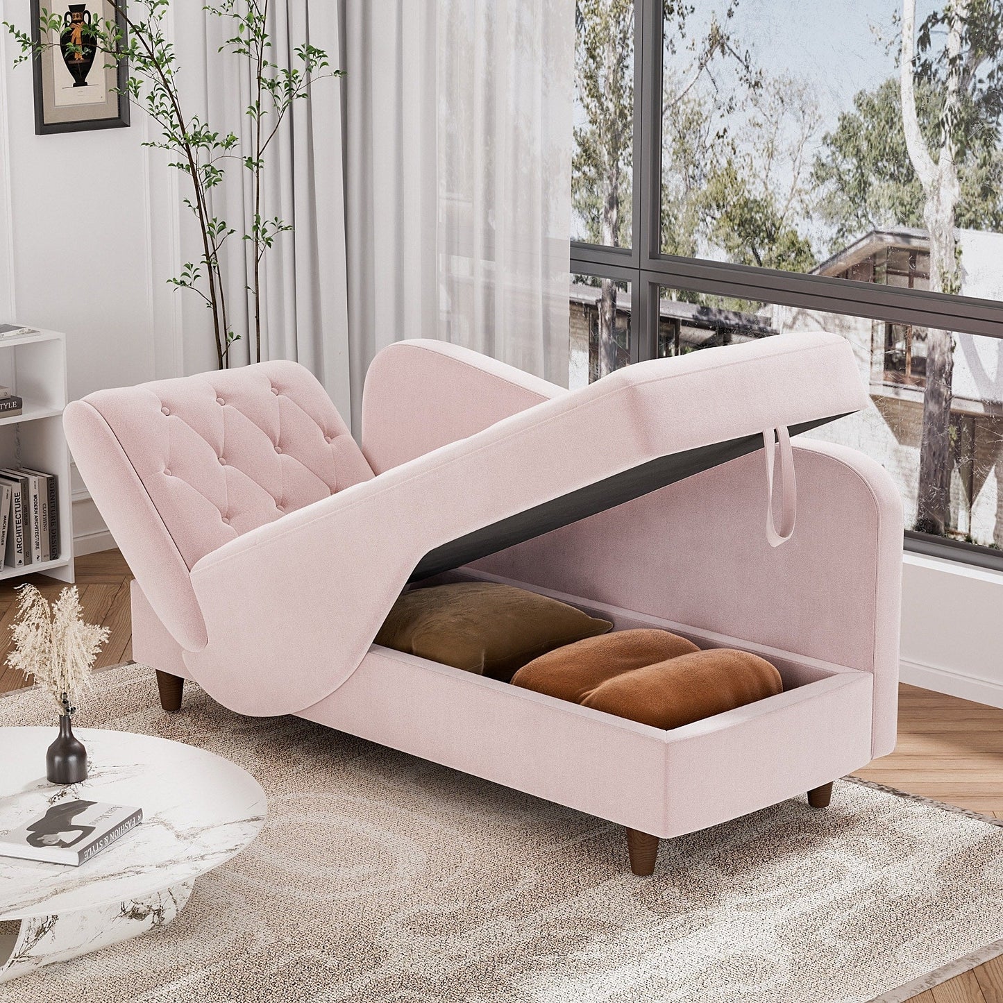 Chaise longue rembourrée Ouyessir avec accoudoir gauche et coussin lombaire