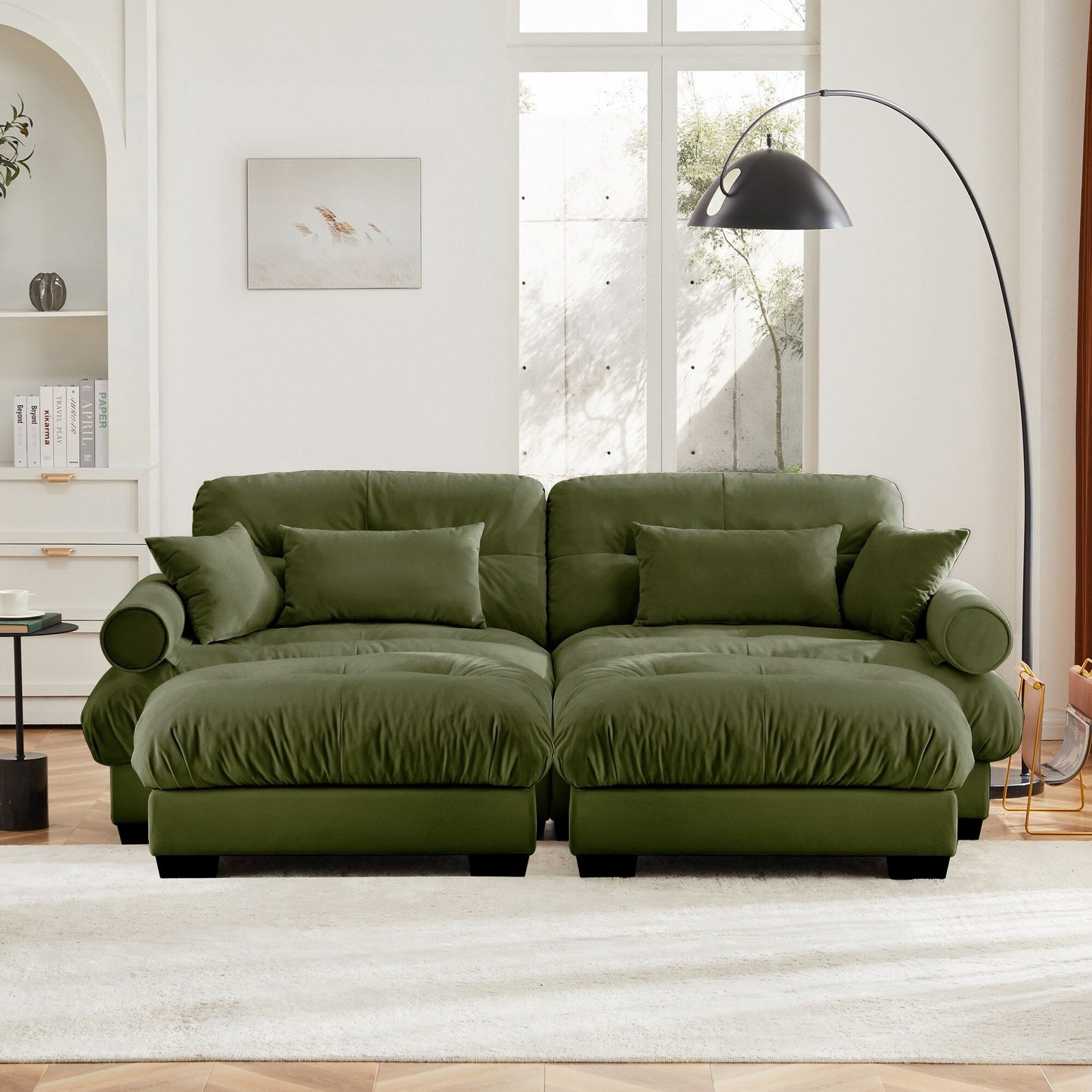 Canapé deux places surdimensionné et moderne avec pouf, 2 places en velours avec accoudoirs ronds, avec coussin de taille et coussins décoratifs