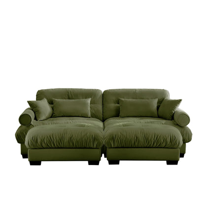 Canapé deux places surdimensionné et moderne avec pouf, 2 places en velours avec accoudoirs ronds, avec coussin de taille et coussins décoratifs