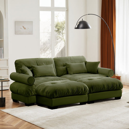Canapé deux places surdimensionné et moderne avec pouf, 2 places en velours avec accoudoirs ronds, avec coussin de taille et coussins décoratifs