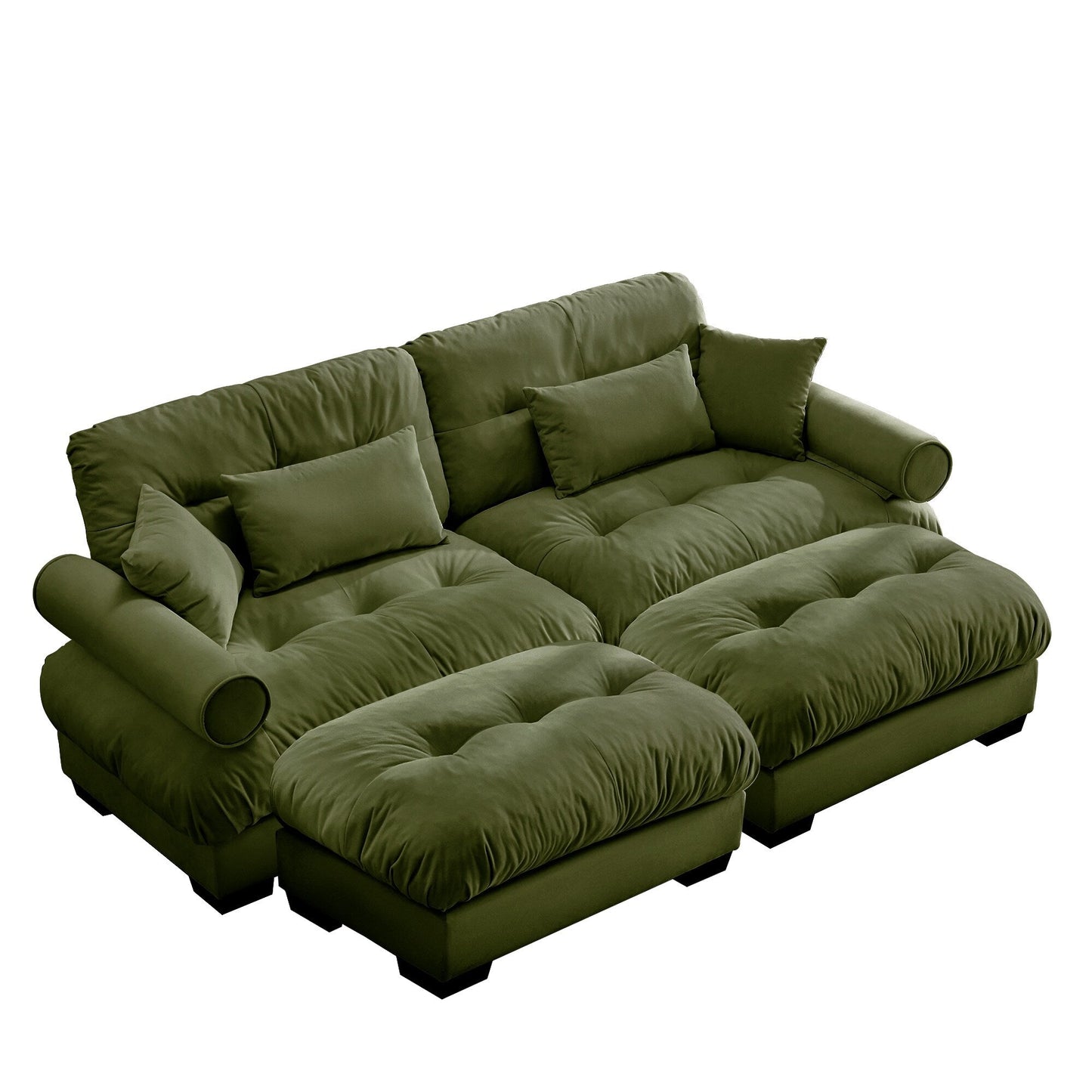 Canapé deux places surdimensionné et moderne avec pouf, 2 places en velours avec accoudoirs ronds, avec coussin de taille et coussins décoratifs
