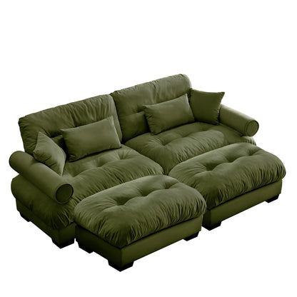 Canapé deux places surdimensionné et moderne avec pouf, 2 places en velours avec accoudoirs ronds, avec coussin de taille et coussins décoratifs