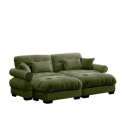 Canapé deux places surdimensionné et moderne avec pouf, 2 places en velours avec accoudoirs ronds, avec coussin de taille et coussins décoratifs