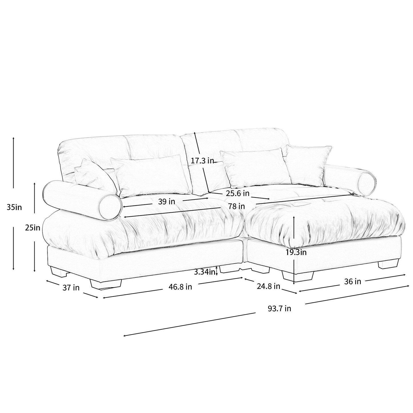 Canapé deux places moderne surdimensionné avec pouf, velours 2 places avec accoudoirs ronds