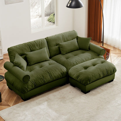 Canapé deux places moderne surdimensionné avec pouf, velours 2 places avec accoudoirs ronds