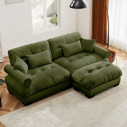 Canapé deux places moderne surdimensionné avec pouf, velours 2 places avec accoudoirs ronds