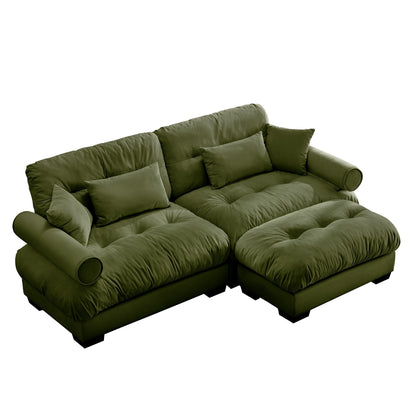 Canapé deux places moderne surdimensionné avec pouf, velours 2 places avec accoudoirs ronds
