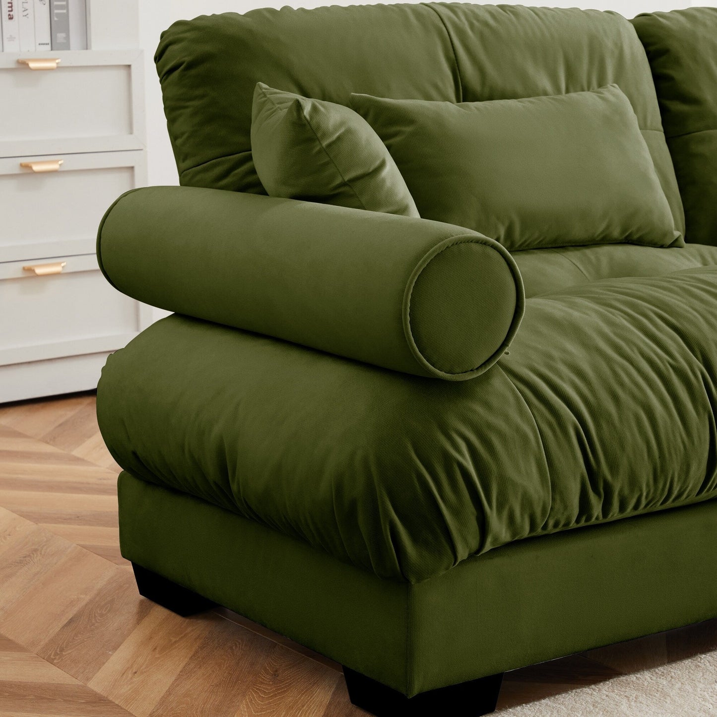 Canapé deux places moderne surdimensionné avec pouf, velours 2 places avec accoudoirs ronds