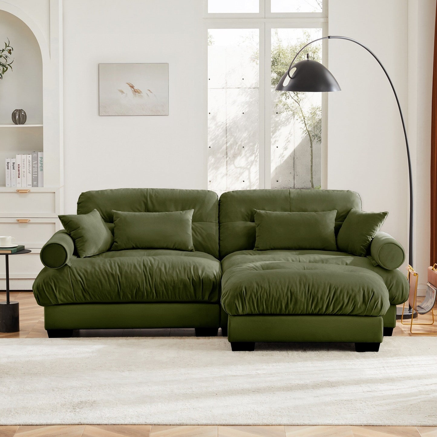 Canapé deux places moderne surdimensionné avec pouf, velours 2 places avec accoudoirs ronds