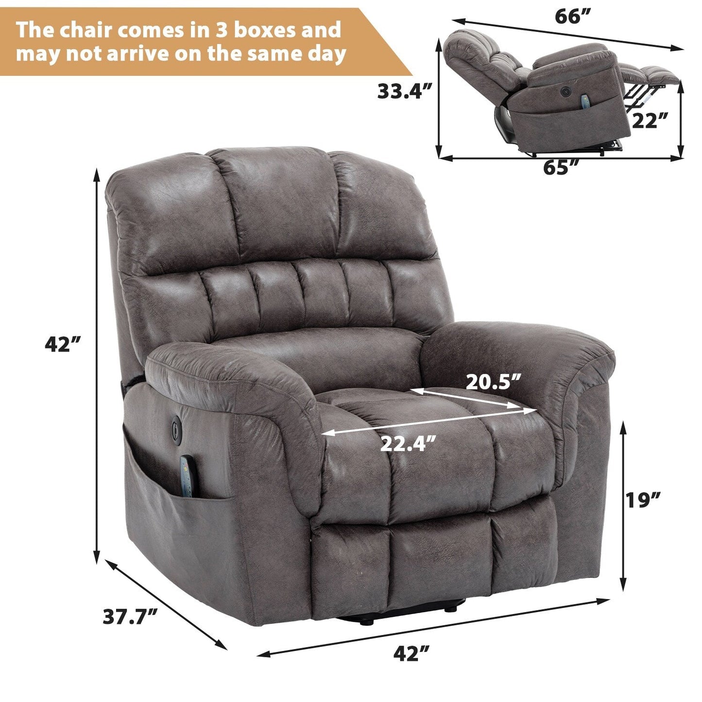 Fauteuil inclinable électrique surdimensionné de 42 po avec massage et chauffage