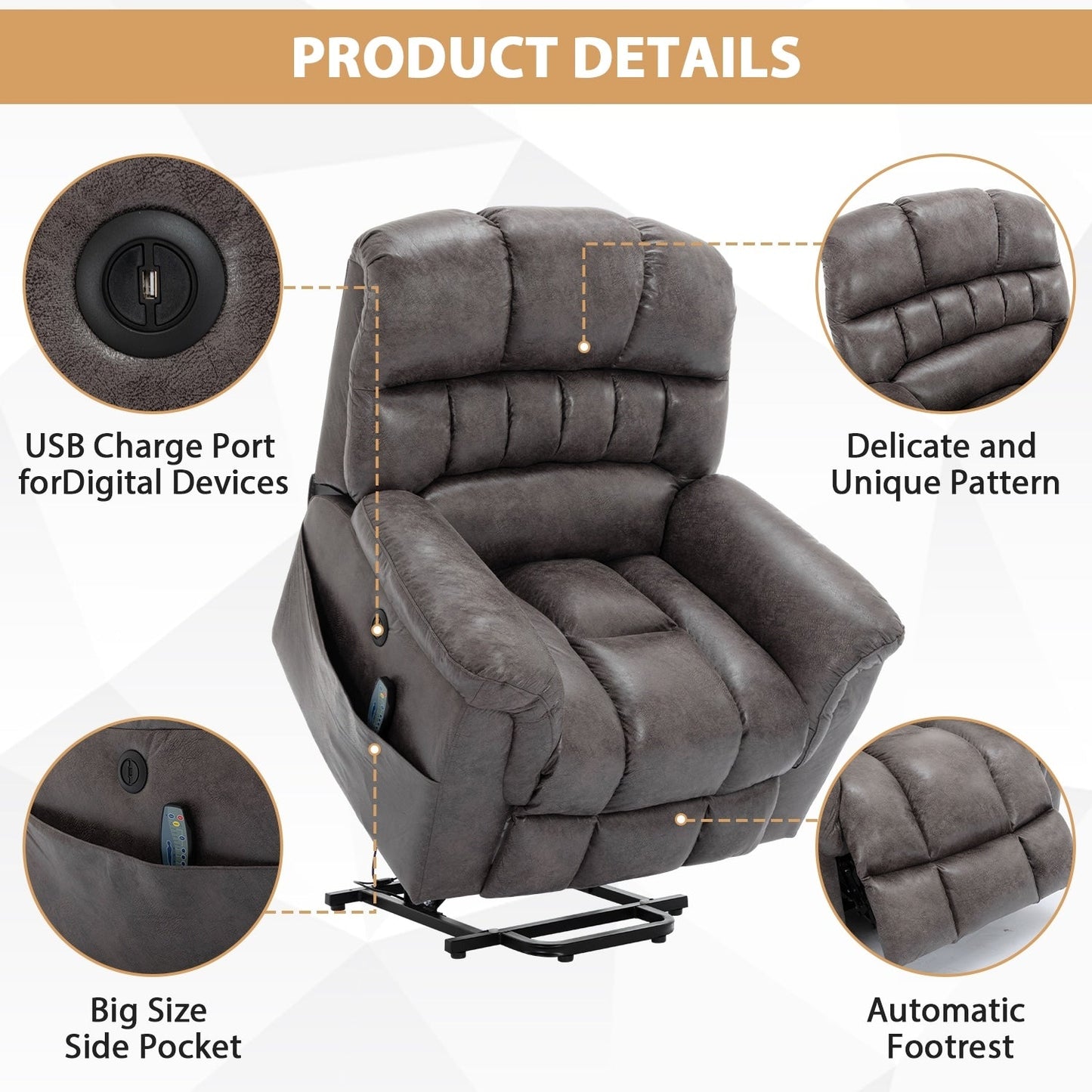 Fauteuil inclinable électrique surdimensionné de 42 po avec massage et chauffage