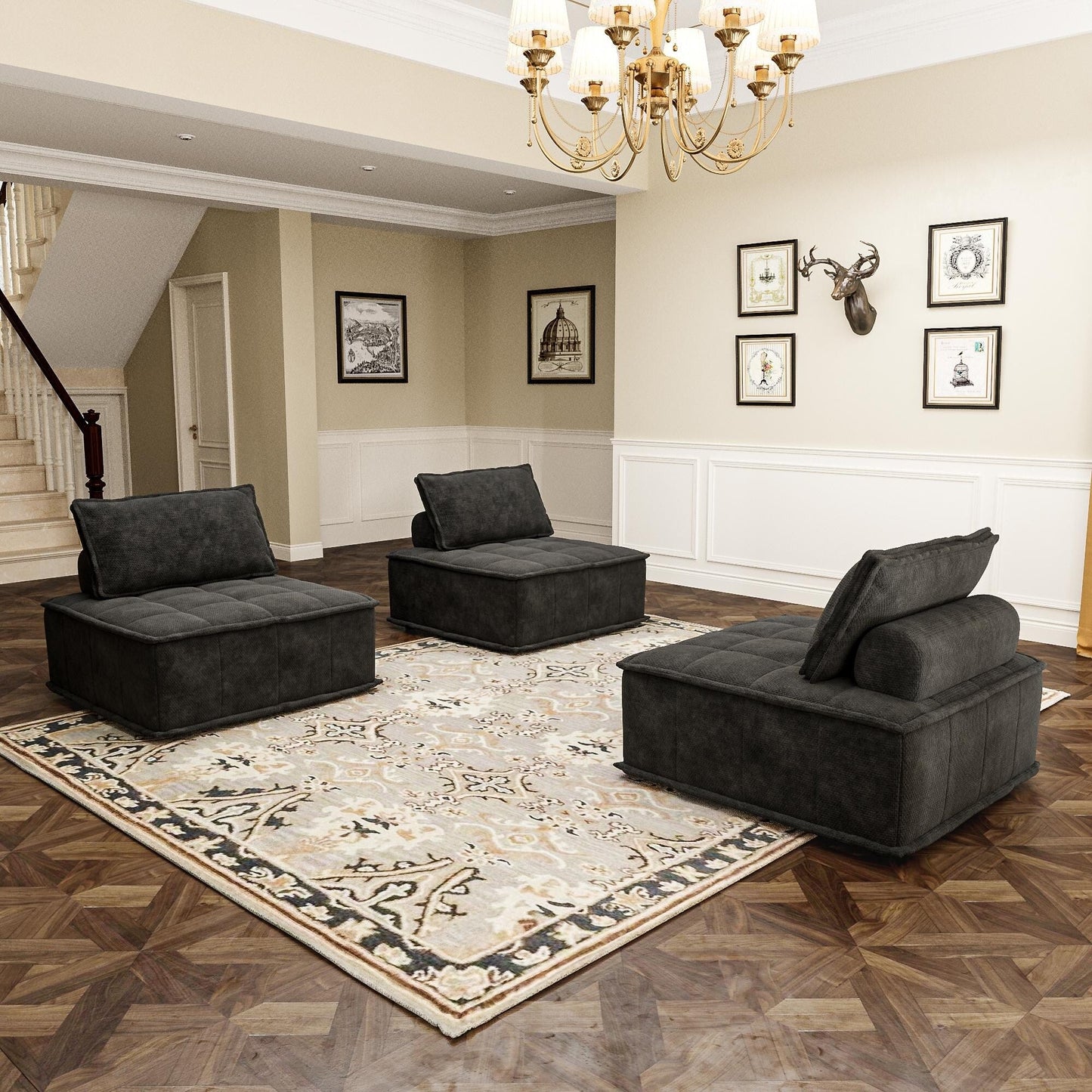Ensemble de canapés carrés modulaires surdimensionnés 3 pièces en chenille avec coussins en mousse haute densité, combinaison libre
