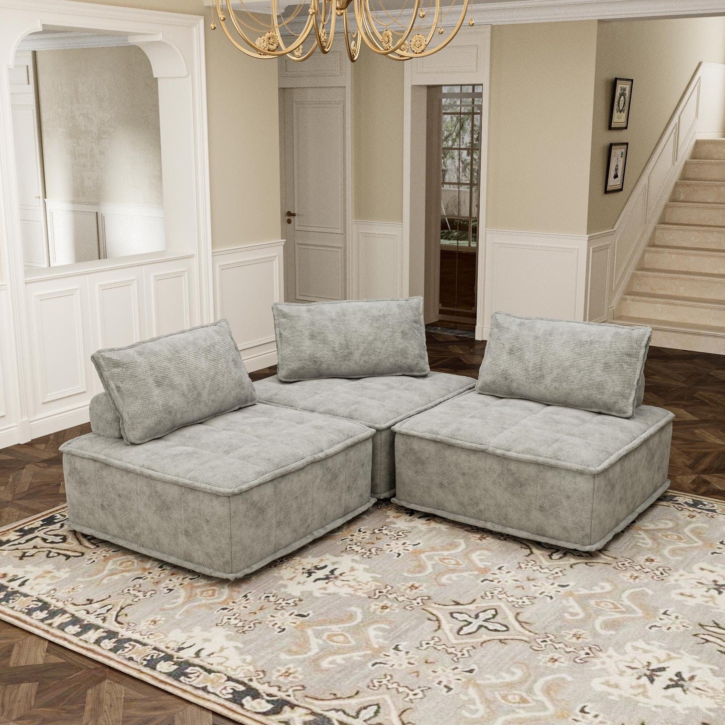 Ensemble de canapés carrés modulaires surdimensionnés 3 pièces en chenille avec coussins en mousse haute densité, combinaison libre