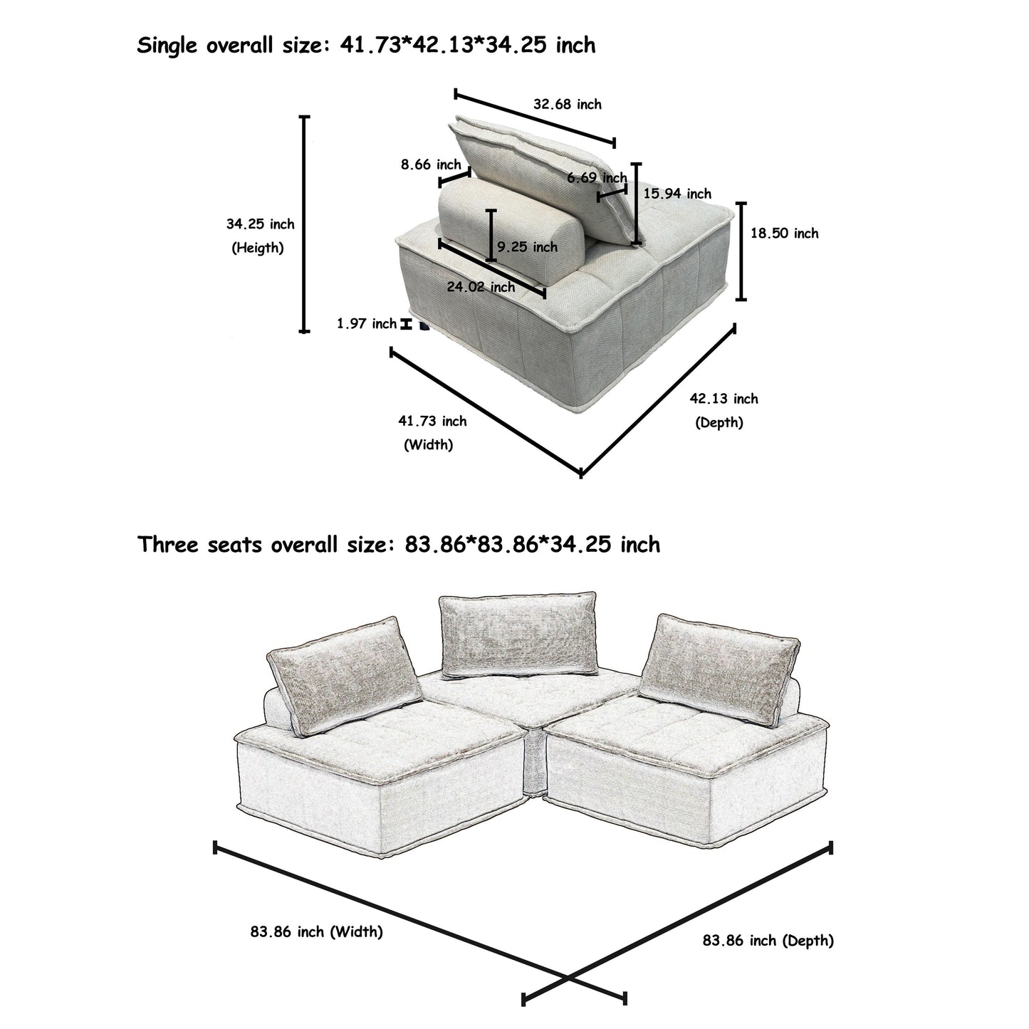 Ensemble de canapés carrés modulaires surdimensionnés 3 pièces en chenille avec coussins en mousse haute densité, combinaison libre