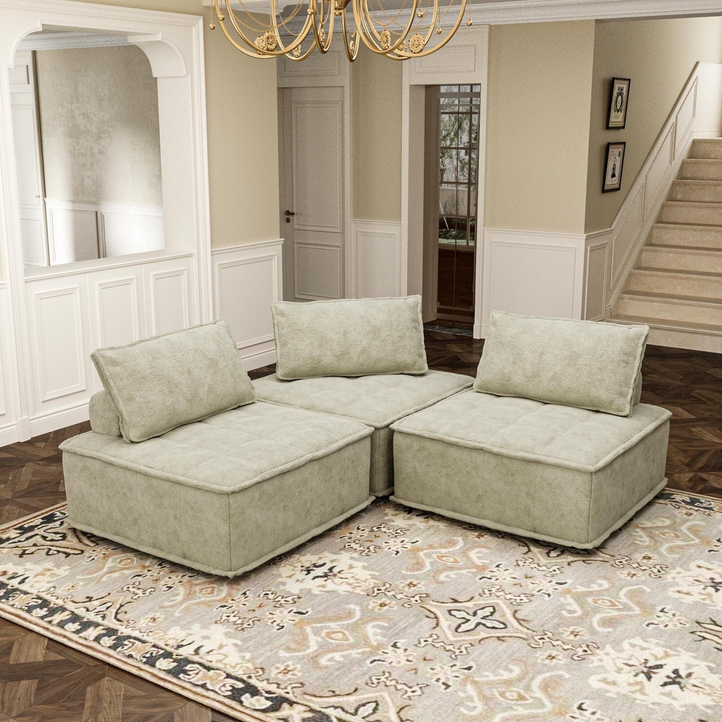 Ensemble de canapés carrés modulaires surdimensionnés 3 pièces en chenille avec coussins en mousse haute densité, combinaison libre
