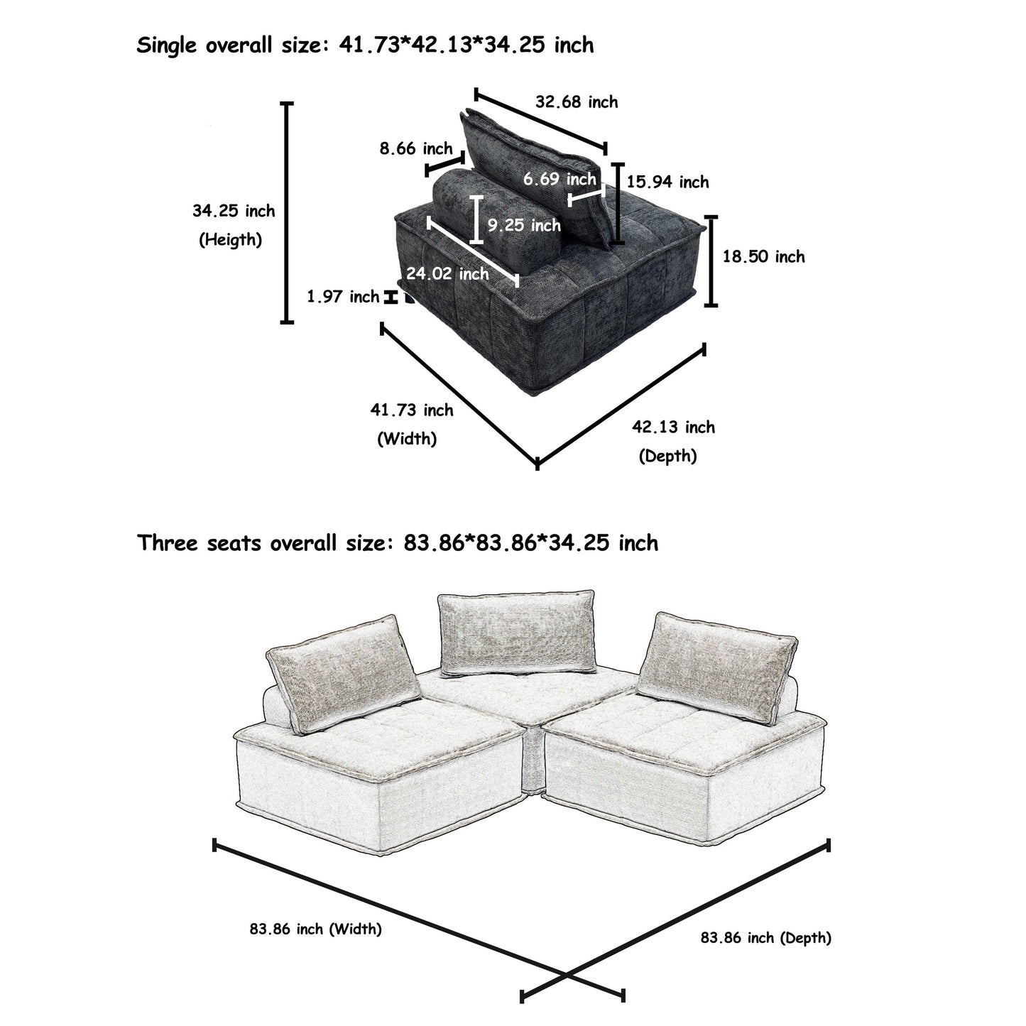 Ensemble de canapés carrés modulaires surdimensionnés 3 pièces en chenille avec coussins en mousse haute densité, combinaison libre