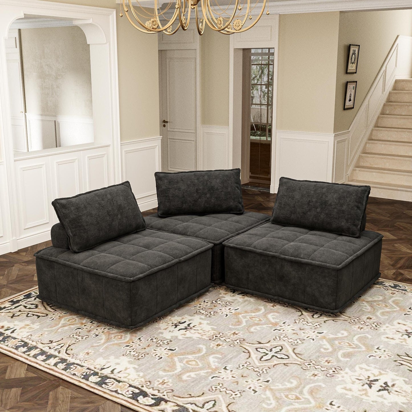 Ensemble de canapés carrés modulaires surdimensionnés 3 pièces en chenille avec coussins en mousse haute densité, combinaison libre