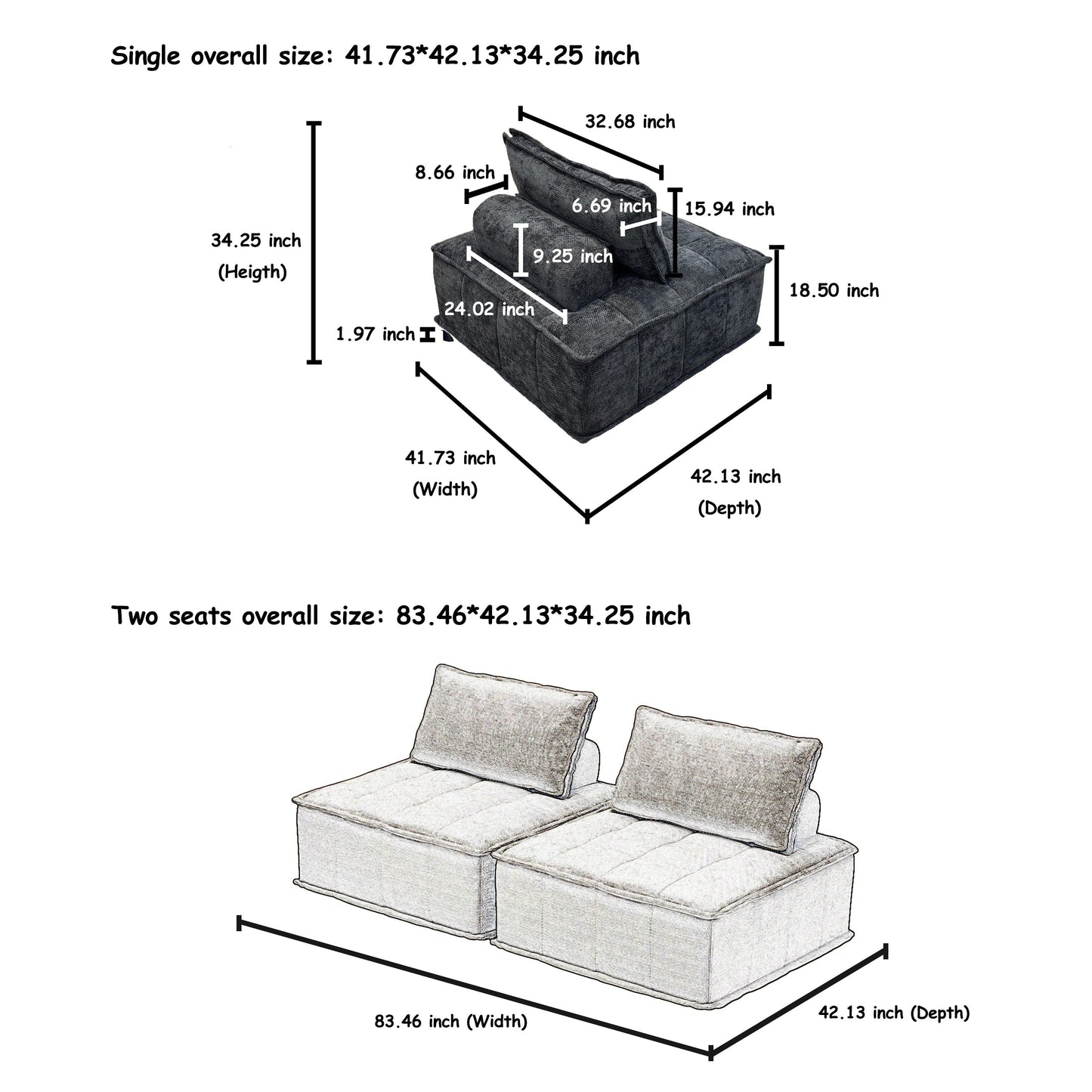 Ensemble de canapés carrés modulaires surdimensionnés 3 pièces en chenille avec coussins en mousse haute densité, combinaison libre
