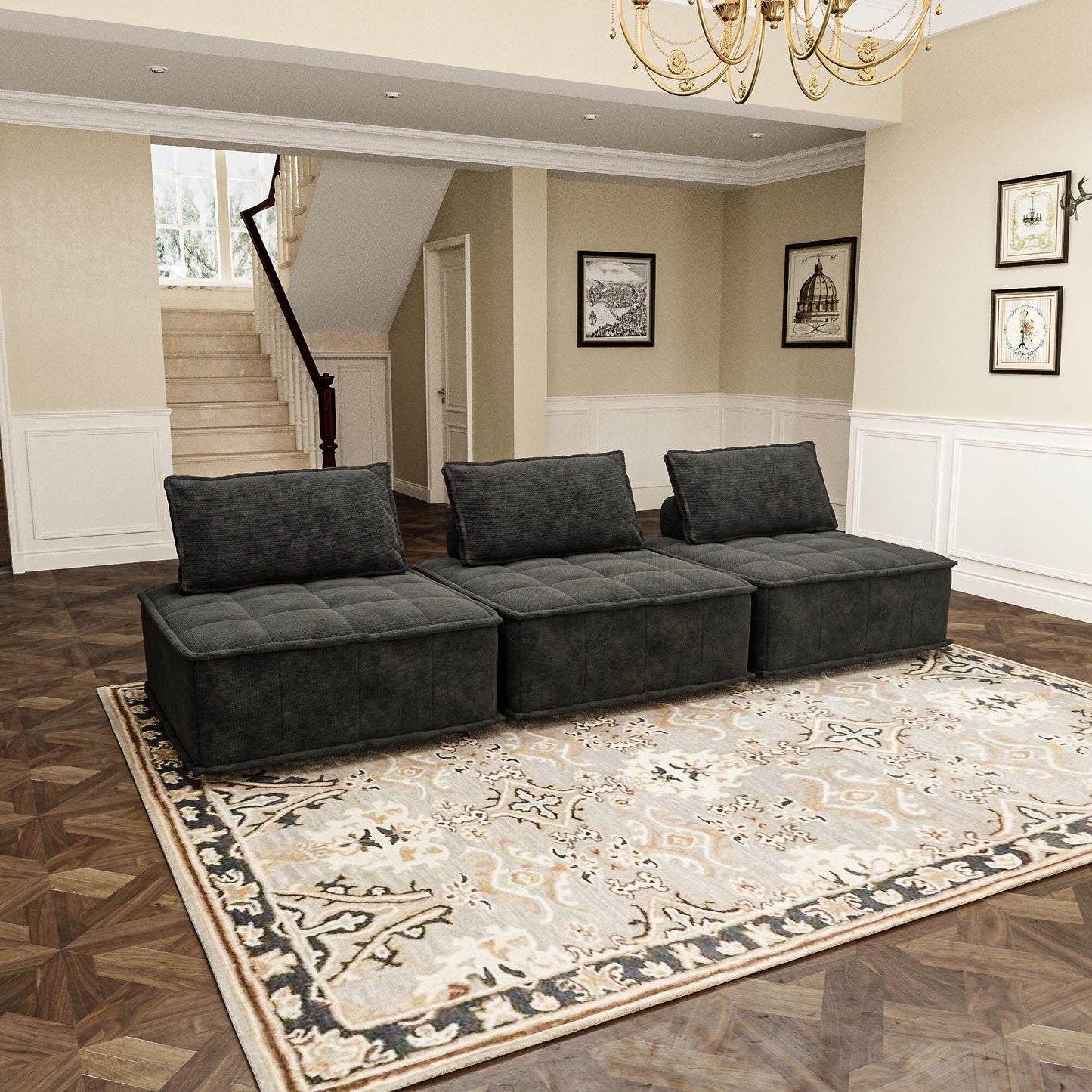 Ensemble de canapés carrés modulaires surdimensionnés 3 pièces en chenille avec coussins en mousse haute densité, combinaison libre