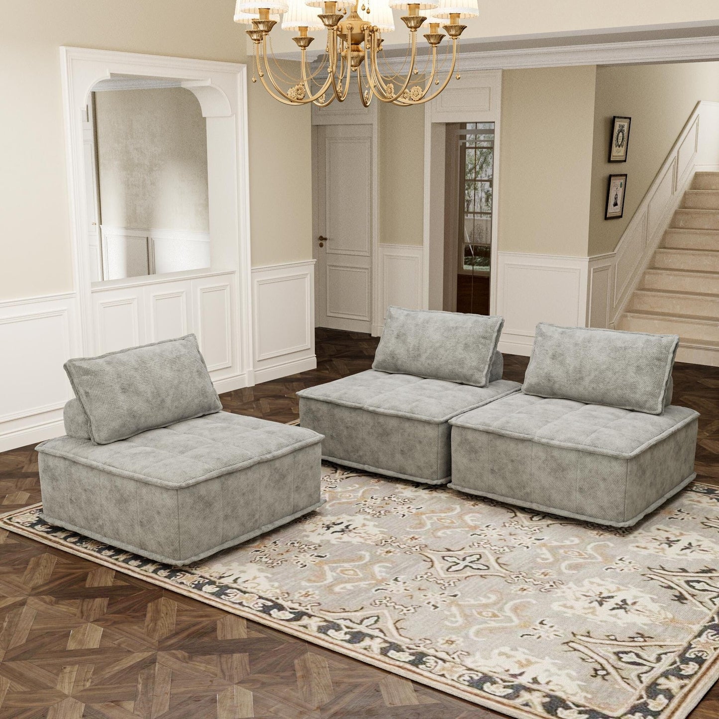 Ensemble de canapés carrés modulaires surdimensionnés 3 pièces en chenille avec coussins en mousse haute densité, combinaison libre