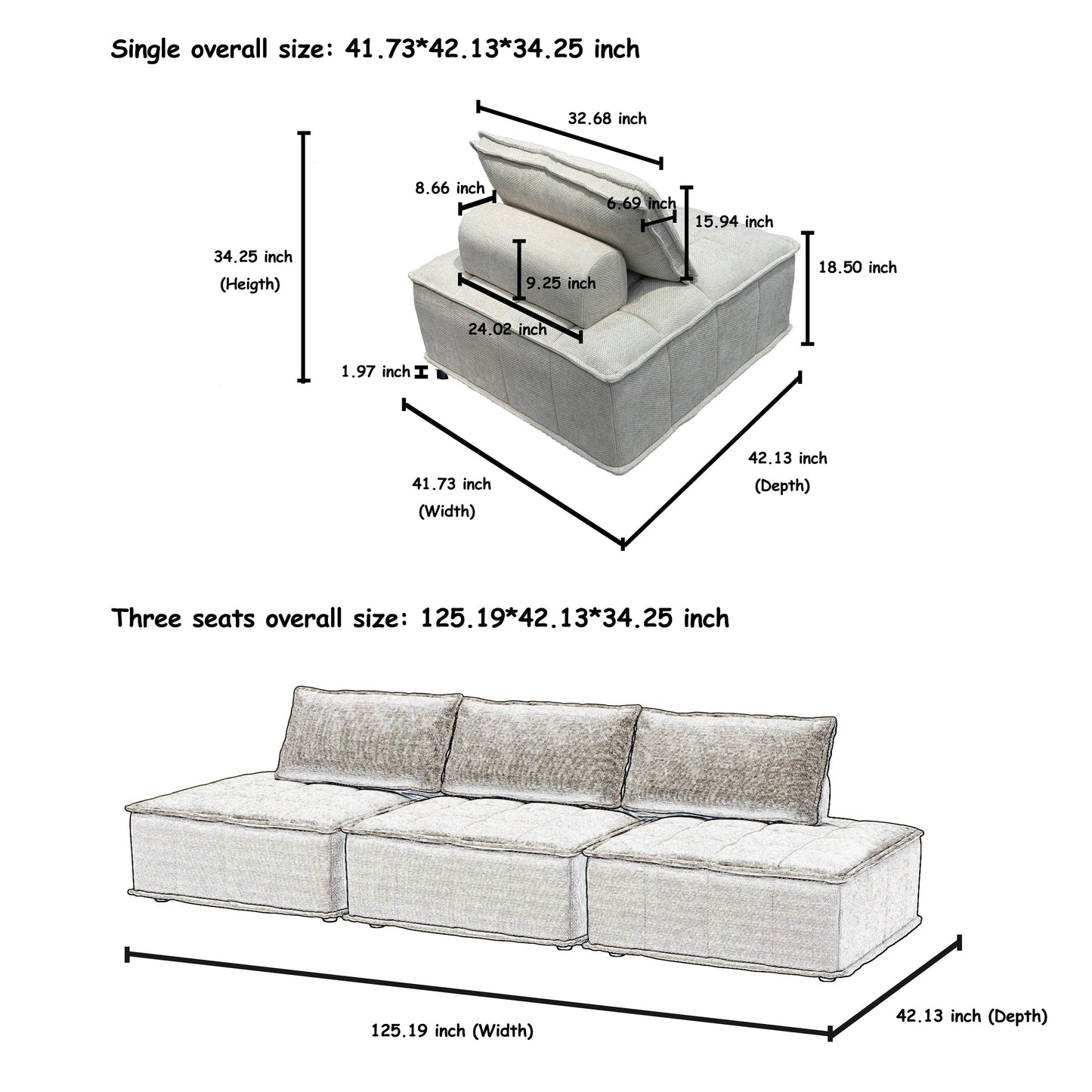 Ensemble de canapés carrés modulaires surdimensionnés 3 pièces en chenille avec coussins en mousse haute densité, combinaison libre