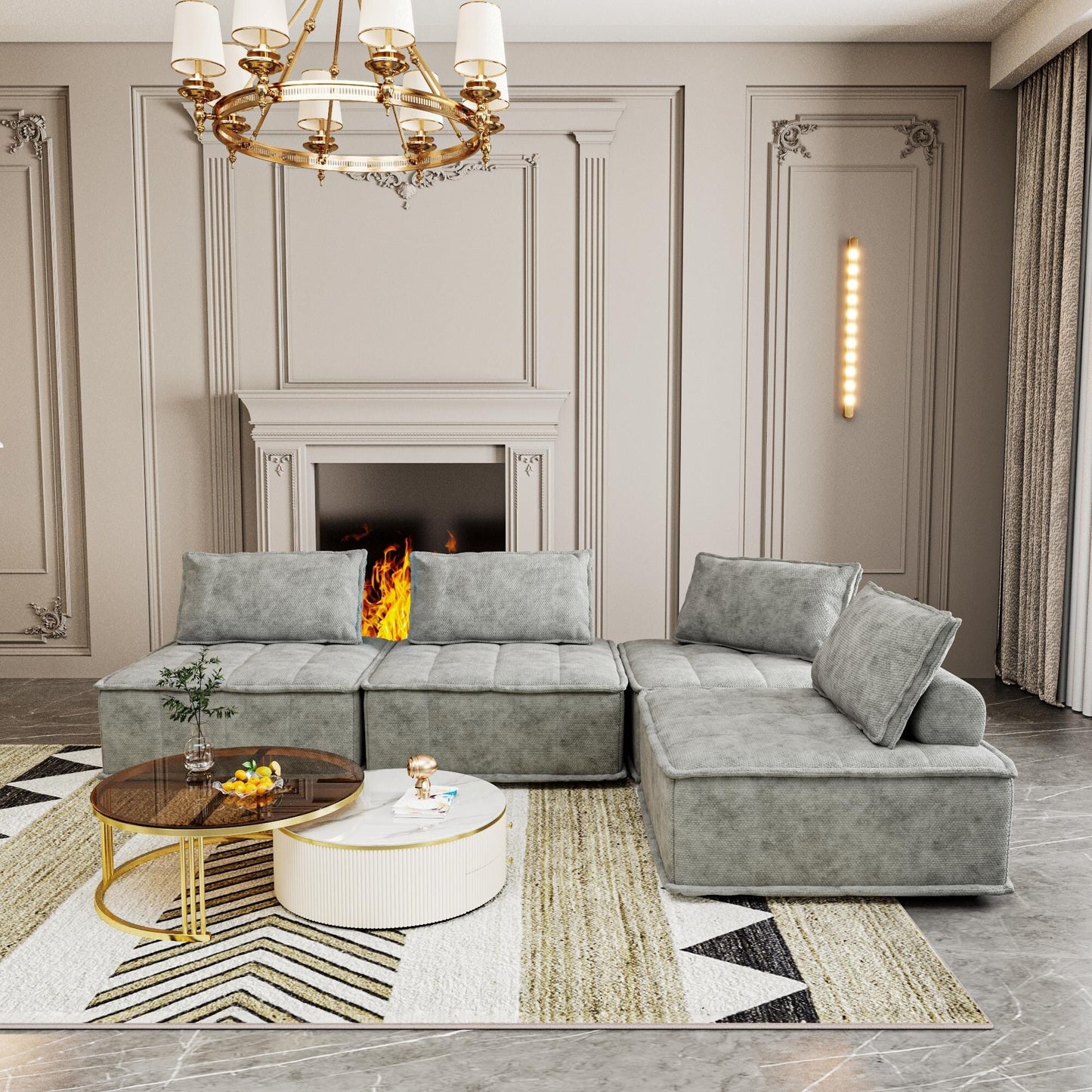 Ensemble de canapés carrés modulaires surdimensionnés 4 pièces en chenille avec coussins en mousse haute densité, combinaison libre