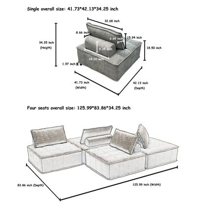 Ensemble de canapés carrés modulaires surdimensionnés 4 pièces en chenille avec coussins en mousse haute densité, combinaison libre