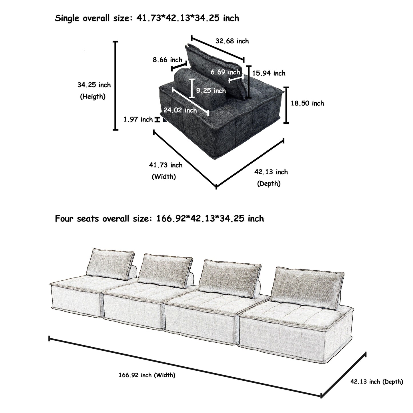 Ensemble de canapés carrés modulaires surdimensionnés 4 pièces en chenille avec coussins en mousse haute densité, combinaison libre