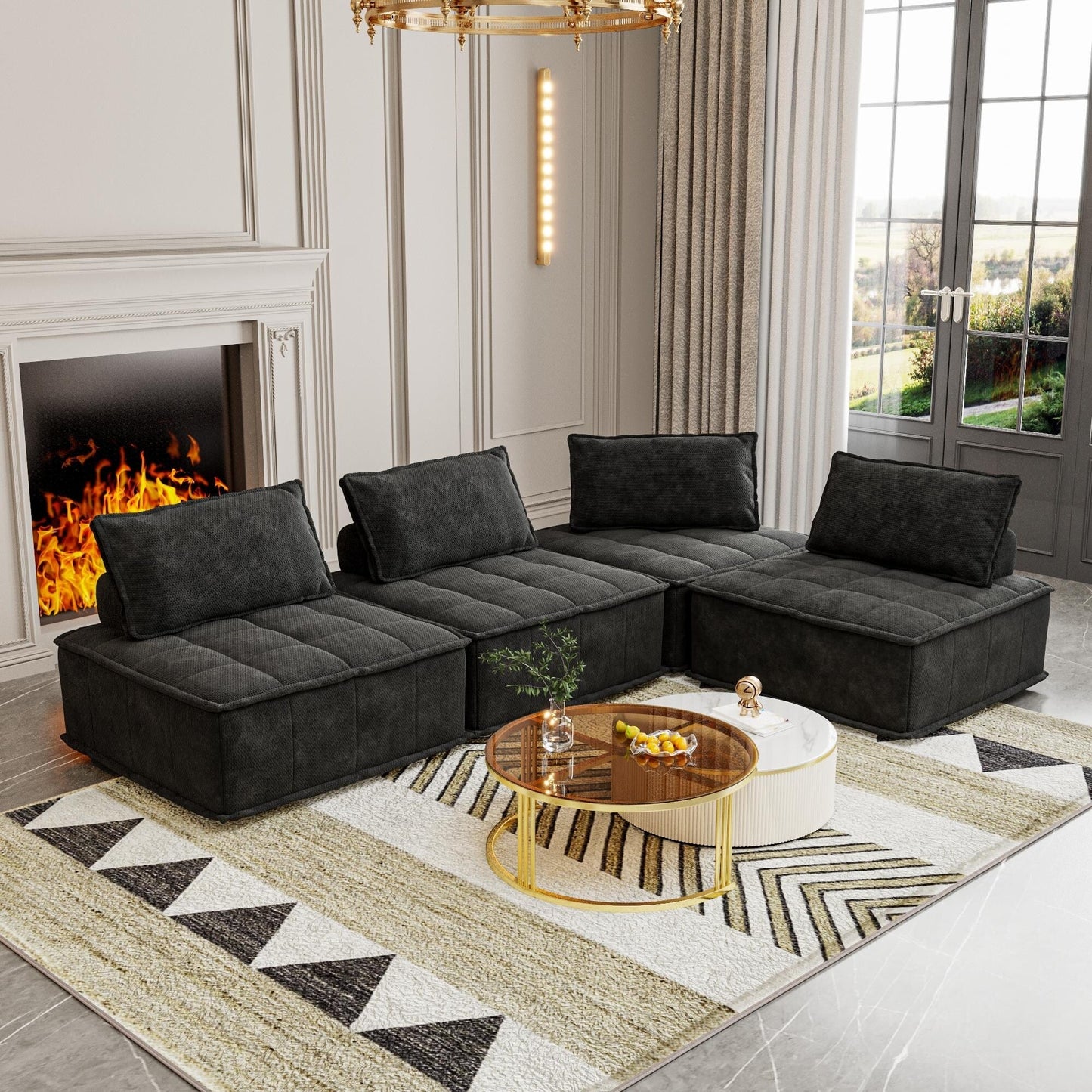 Ensemble de canapés carrés modulaires surdimensionnés 4 pièces en chenille avec coussins en mousse haute densité, combinaison libre