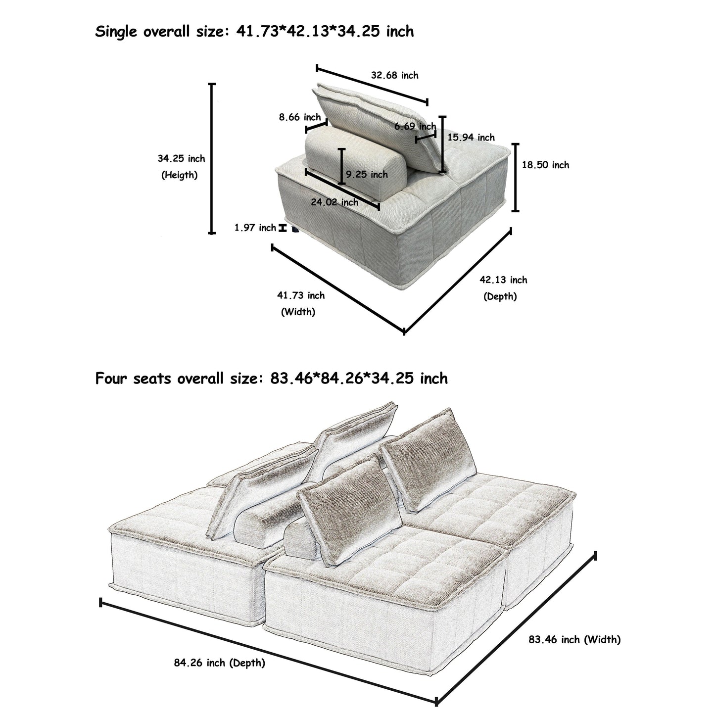 Ensemble de canapés carrés modulaires surdimensionnés 4 pièces en chenille avec coussins en mousse haute densité, combinaison libre