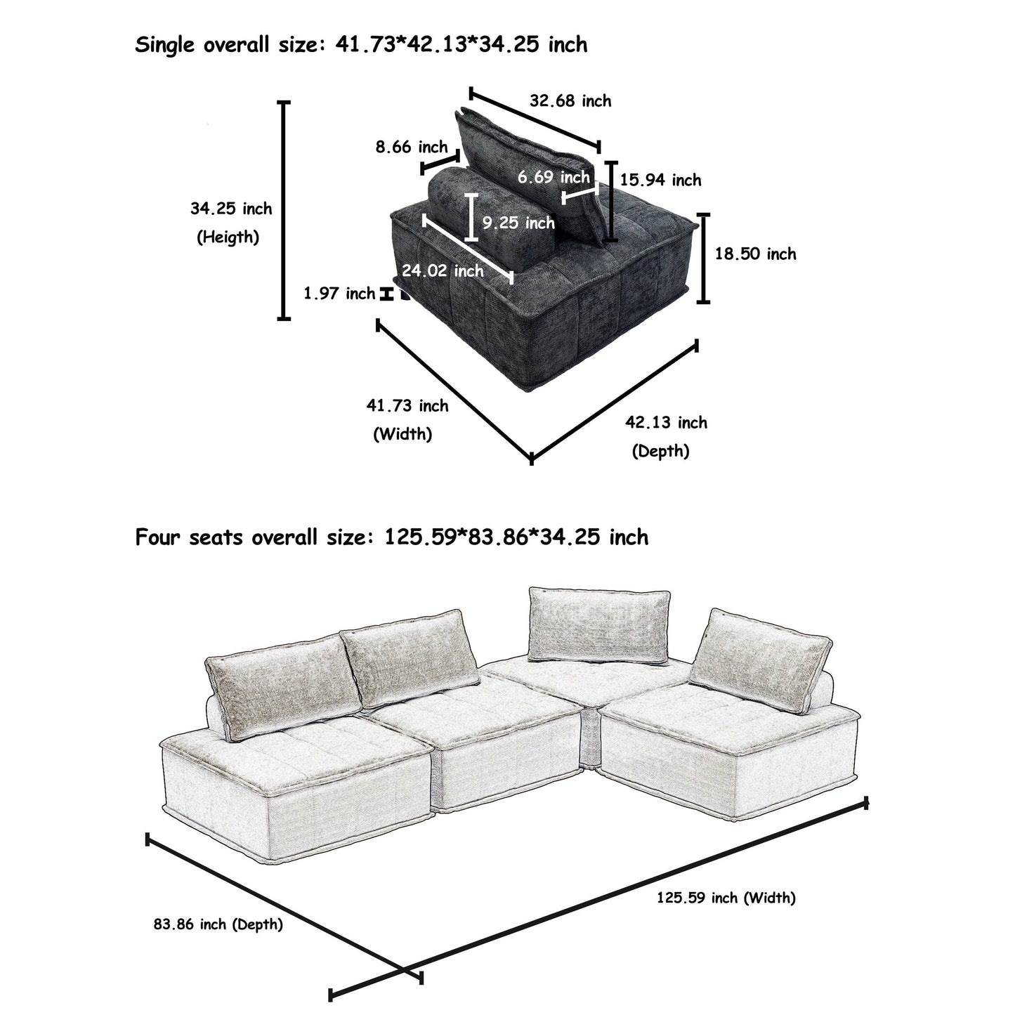 Ensemble de canapés carrés modulaires surdimensionnés 4 pièces en chenille avec coussins en mousse haute densité, combinaison libre