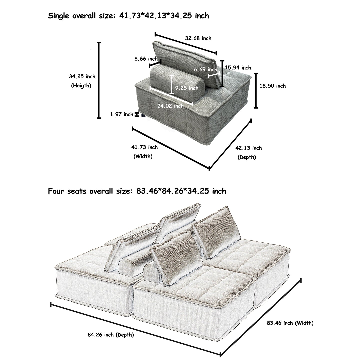 Ensemble de canapés carrés modulaires surdimensionnés 4 pièces en chenille avec coussins en mousse haute densité, combinaison libre