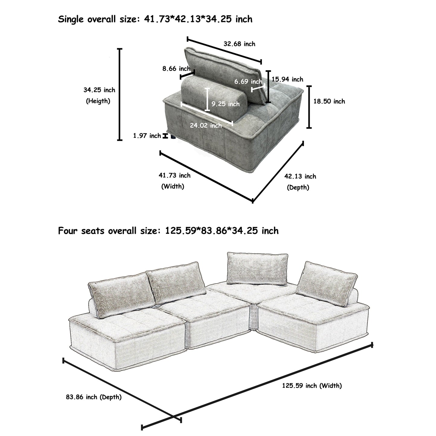 Ensemble de canapés carrés modulaires surdimensionnés 4 pièces en chenille avec coussins en mousse haute densité, combinaison libre