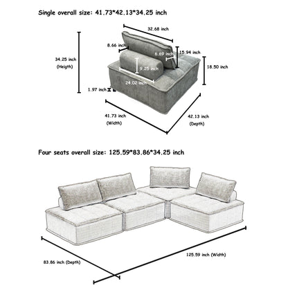 Ensemble de canapés carrés modulaires surdimensionnés 4 pièces en chenille avec coussins en mousse haute densité, combinaison libre