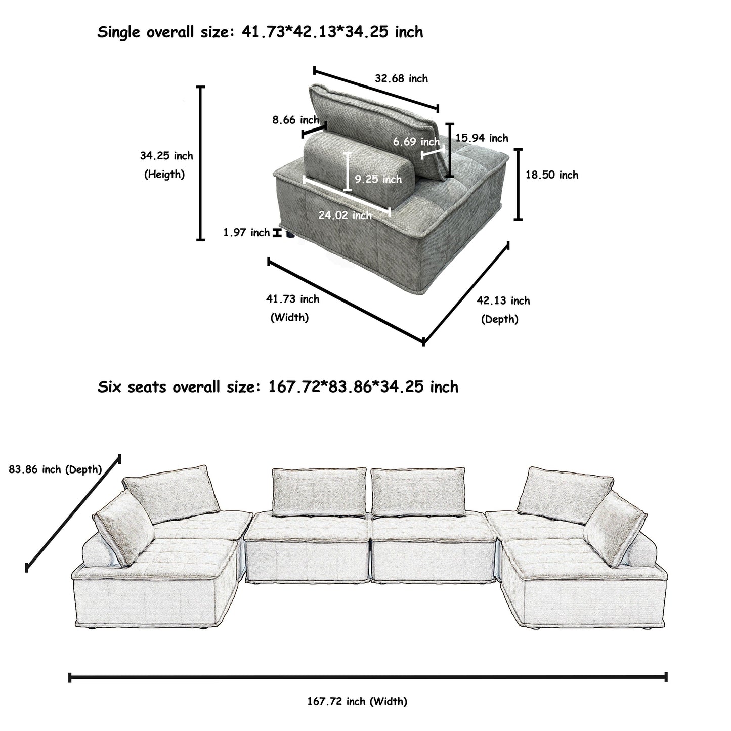 Ensemble de canapés carrés modulaires surdimensionnés en chenille, 6 pièces, avec coussins en mousse haute densité, combinaison libre