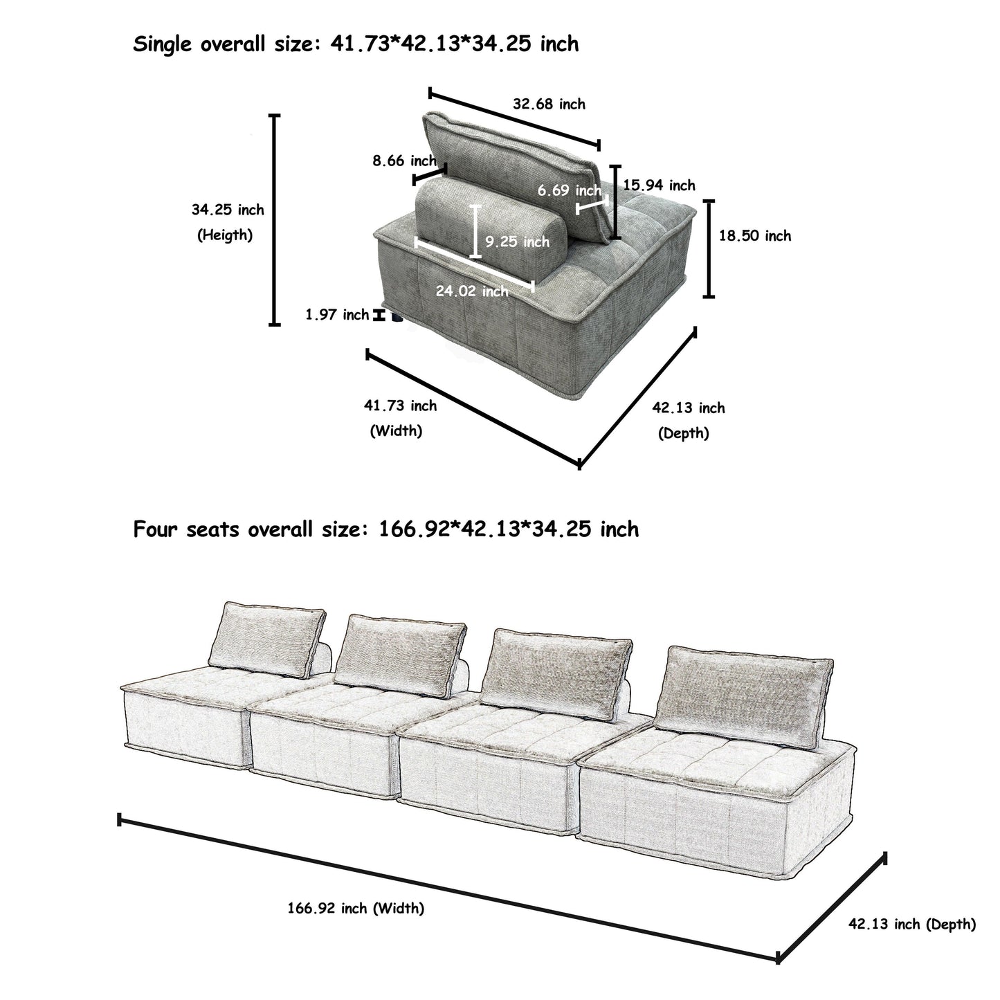 Ensemble de canapés carrés modulaires surdimensionnés en chenille, 6 pièces, avec coussins en mousse haute densité, combinaison libre