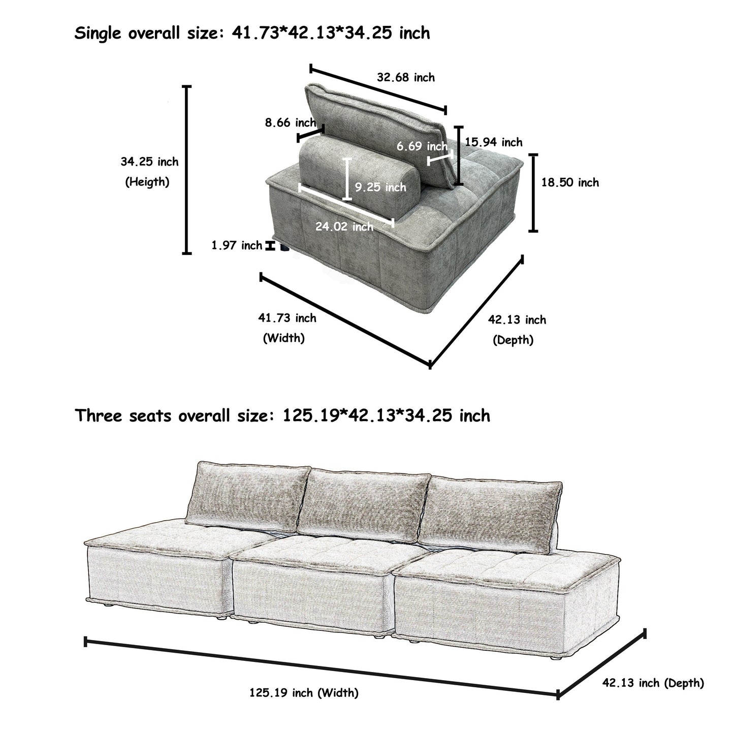 Ensemble de canapés carrés modulaires surdimensionnés en chenille, 6 pièces, avec coussins en mousse haute densité, combinaison libre