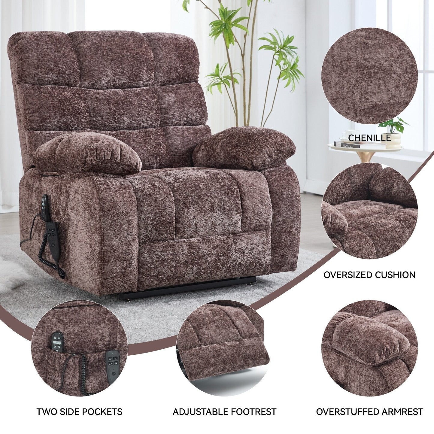 Fauteuil inclinable électrique surdimensionné en chenille avec massage et chauffage lombaire, port de charge, inclinaison à 180°