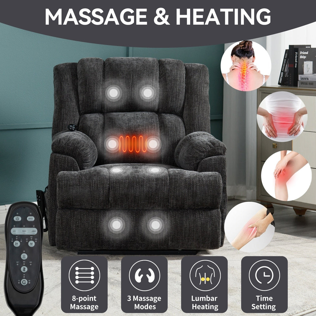 Fauteuil inclinable électrique surdimensionné en chenille avec massage et chauffage lombaire, inclinable en position infinie