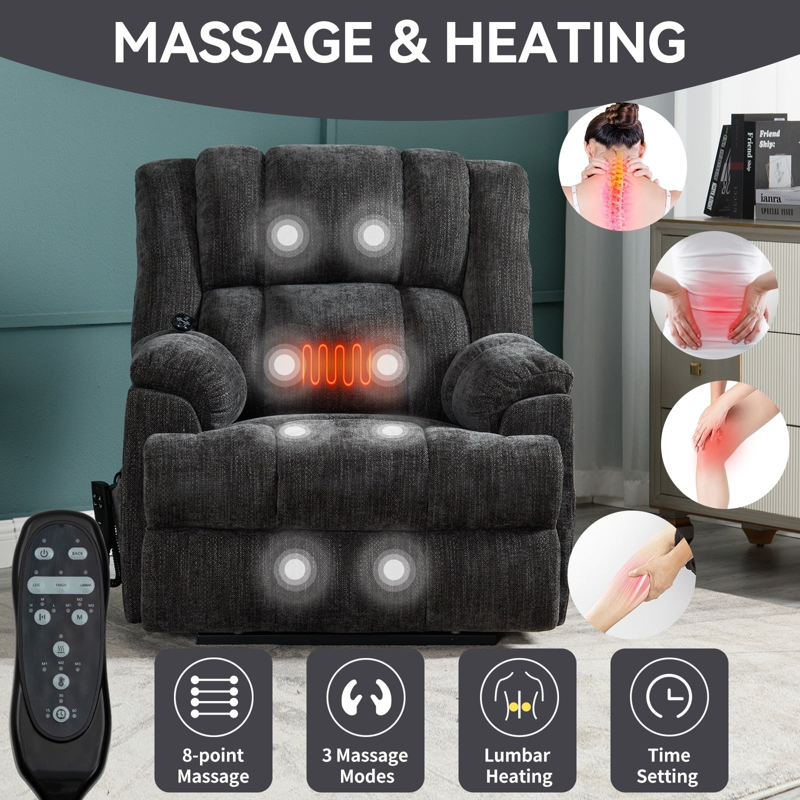 Fauteuil inclinable électrique surdimensionné en chenille avec massage et chauffage lombaire, inclinable en position infinie