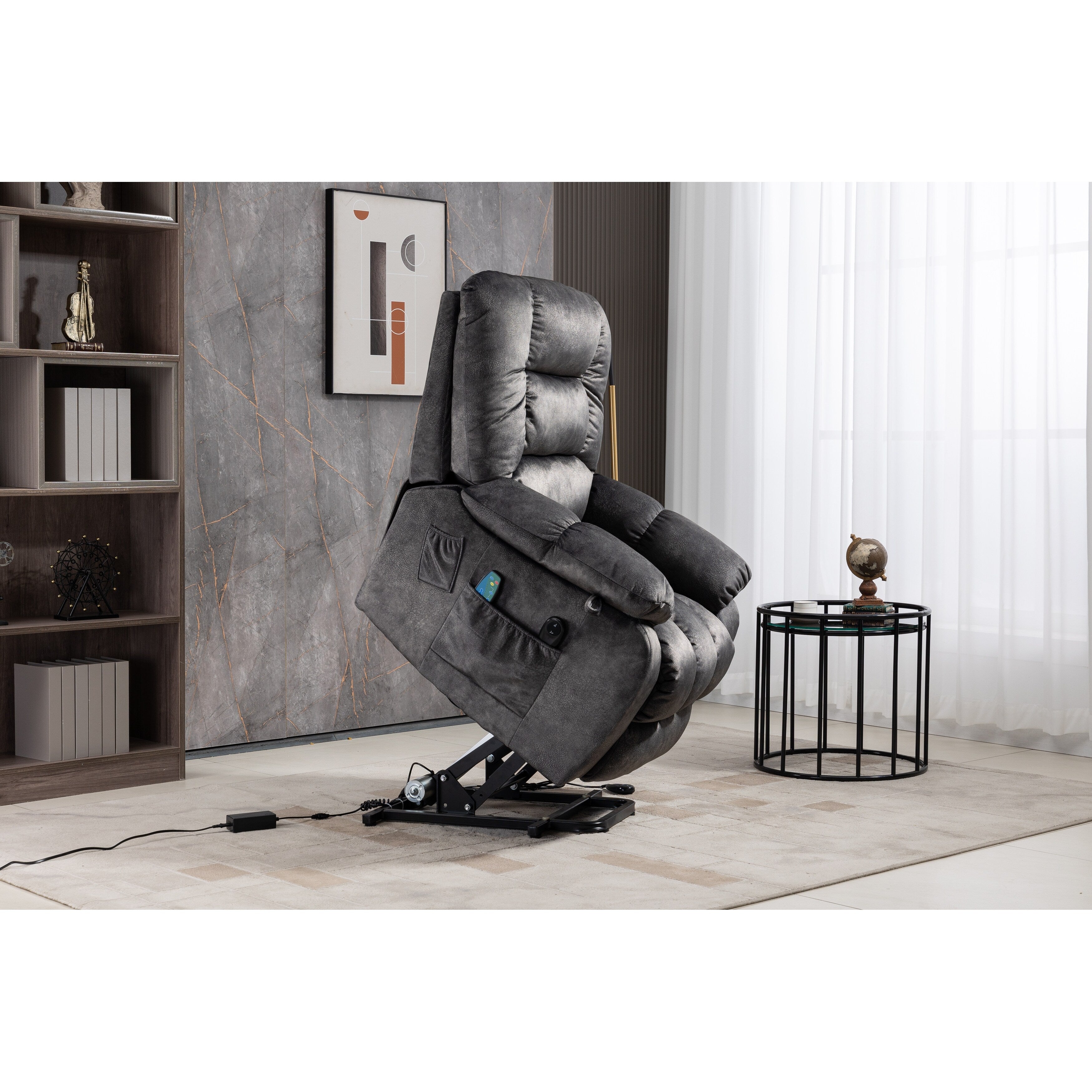 Fauteuil inclinable électrique surdimensionné en tissu chenille avec massage à 8 points et chauffage lombaire, poches latérales